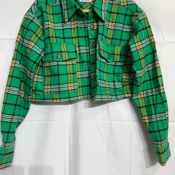 Good American Green Plaid Cropped Tartan Button Up Sz 0/XS - Picture 3 of 13